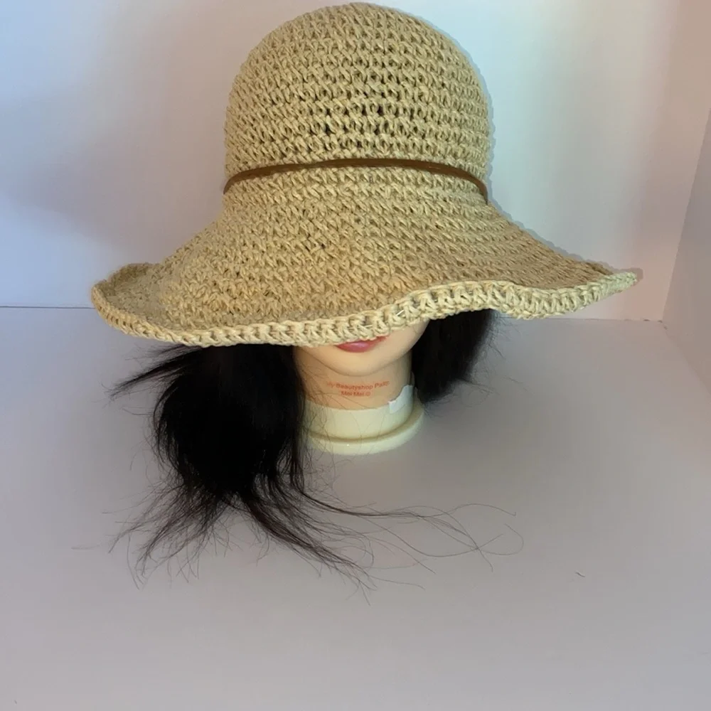 Natural Straw Wide Brim Packable Adjustable with Brown Leather Bow Hat SZ:OS